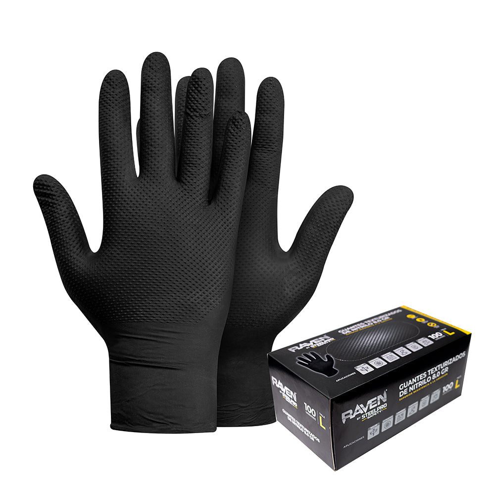 Guante Raven Nitrilo Texturizado Negro 8.0 gr (caja 100 unidades)